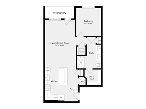 Floor plan for 1 bed, 1 bath, 764 sqft